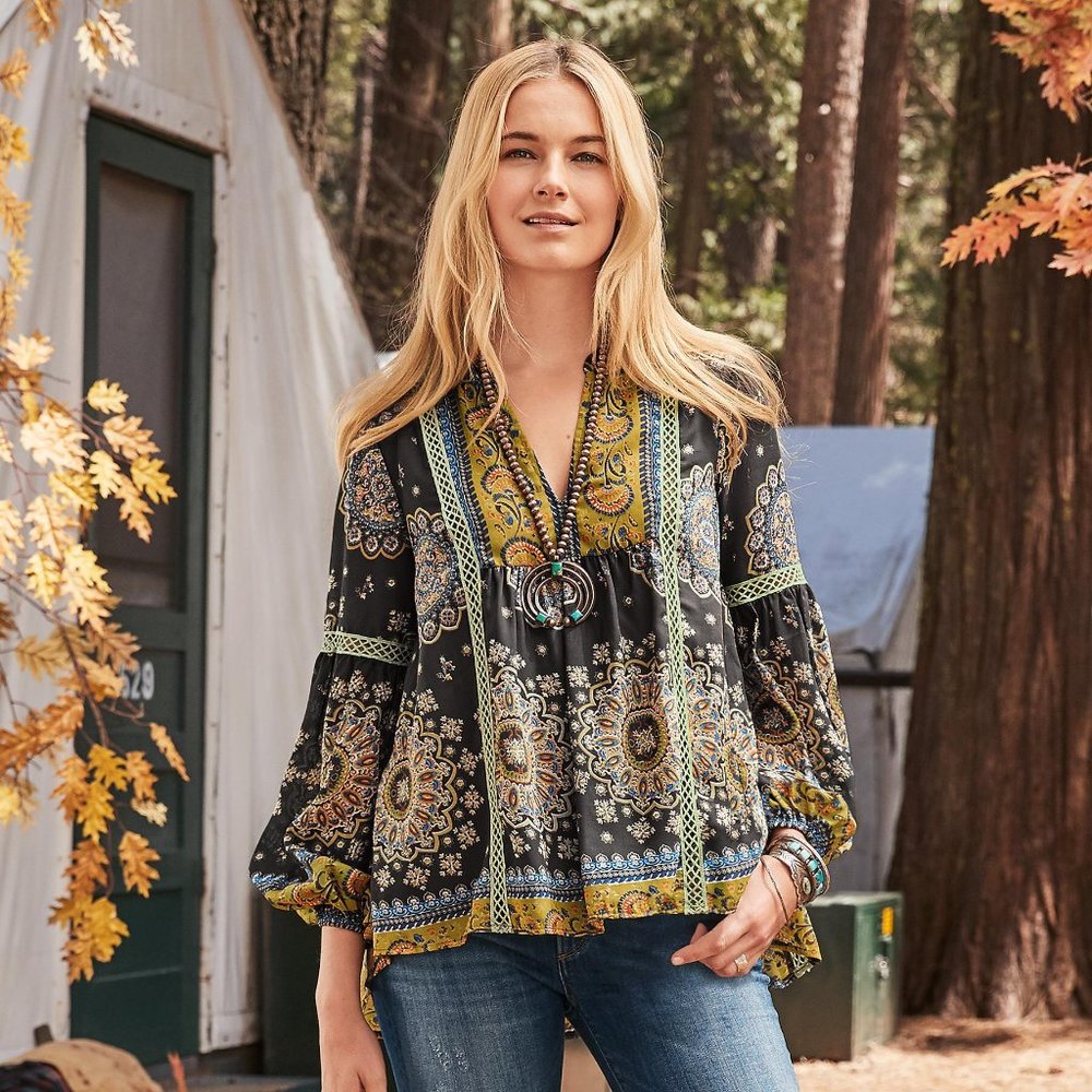 Sundance Boho Tunic Peasant Blouse HiLo Floral Lg